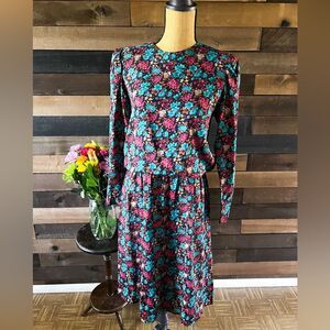 Woodward Vintage Pink & Blue Flower Long Sleeve Midi Dress